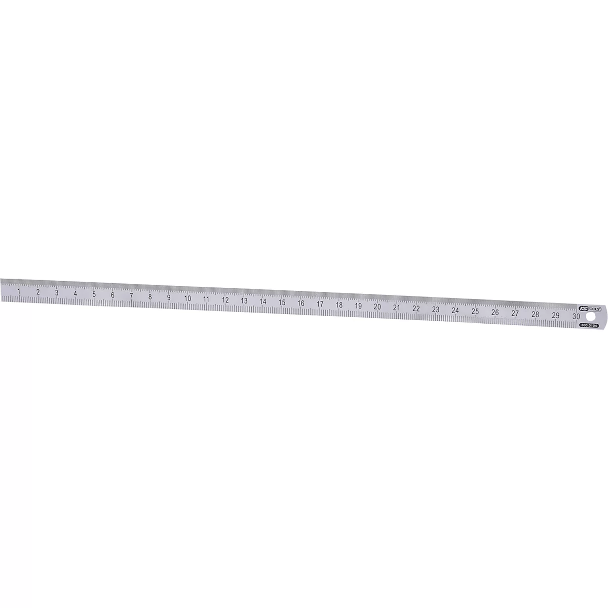 Ein silbernes Lineal mit schwarzen Zahlen und Markierungen von 1 bis 32.